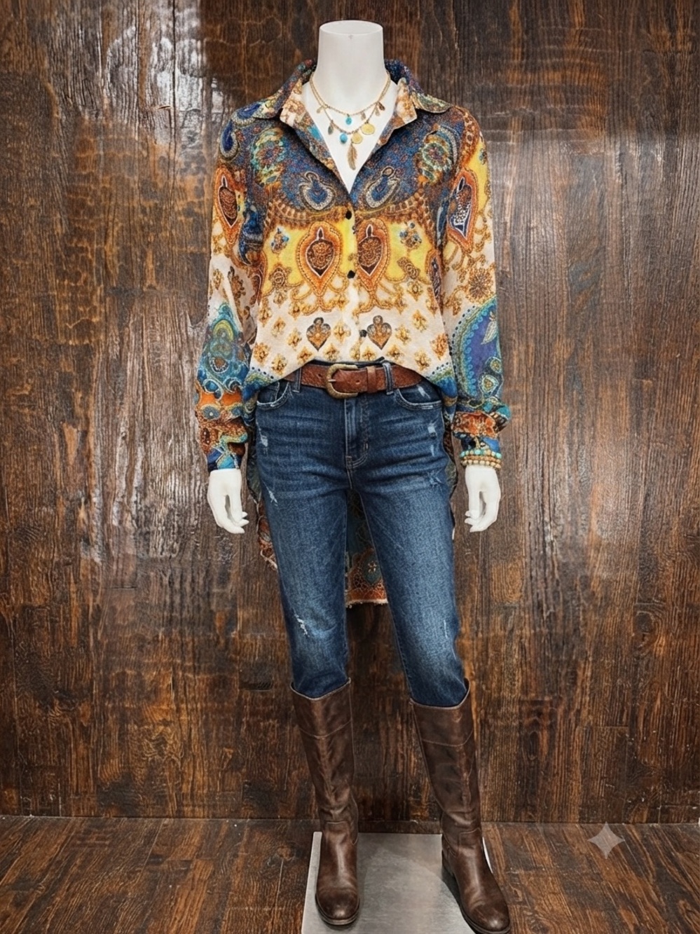 Mechant Paisley Print High Low Blouse in Blue, Turquoise, Gold Size M